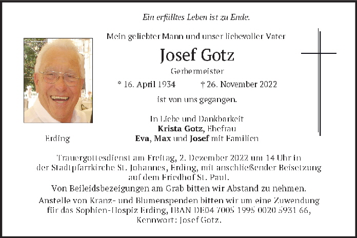 Josef Gotz sen. Traueranzeige